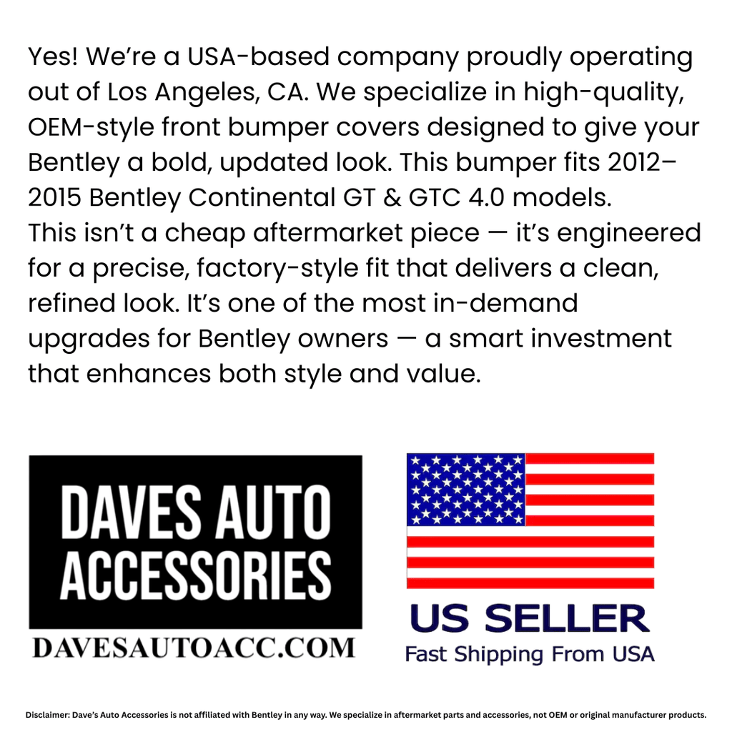 Daves Auto Accessories 2012-2015 Bentley Continental GT GTC Front Bumper Cover & Grille Set V8 4.0