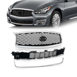 For 2015-2019 Infiniti Q70 3Pcs Front Bumper Grille W/ Chrome Molding Trim