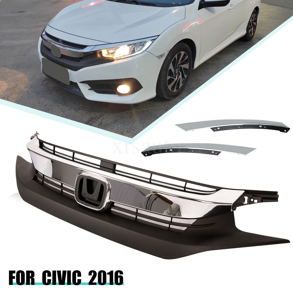 For 2016 2017 2018 Honda Civic Front Bumper Grille Grill Kit W/Chrome Eyelid