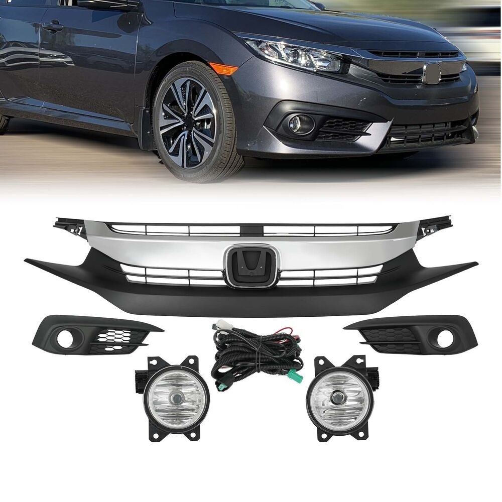 For Honda Civic Front Upper Grille & Fog Lights Lamps Cover 2016-2018 HO2593143