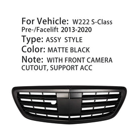 Front Grille GT Style Matte Black For Mercedes Benz W222 S CLASS Sedan 2013-2020