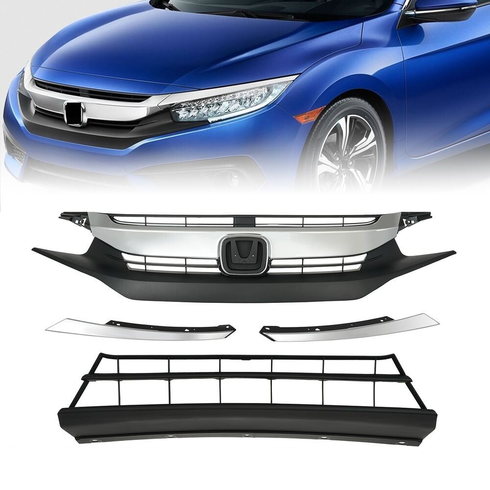 Front Upper Grille 4pcs With Molding Chrome For 2016 2017 2018 Honda Civic Sedan