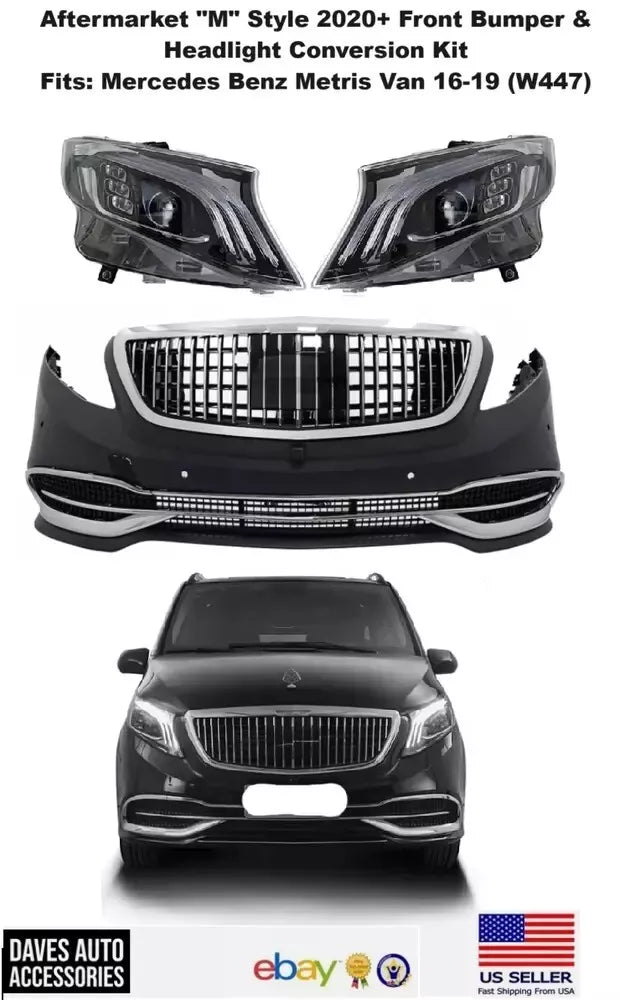 Daves Auto Accessories Electronics & Accessories > Car Parts & Accessories > Car Parts For 16-20 Mercedes-benz W447 Metris Upgrade M Style Front Bumper Headlights Kit