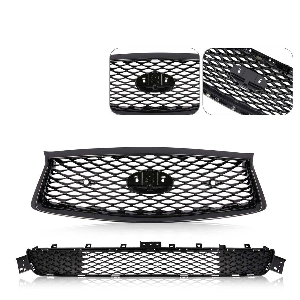 Forged LA For 18-22 Infiniti Q50 Sport Front Bumper Upper&Lower Grille Grill Glossy Black