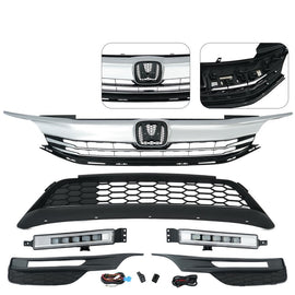 Forged LA Front Bumper Grille Grill & LED Fog Lights Set For 2016 2017 Honda Accord Sedan