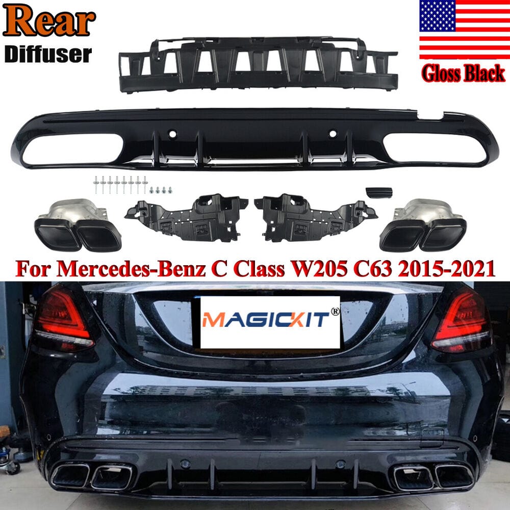 Forged LA FOR MERCEDES-BENZ C CLASS W205 C63 2015+ AMG STYLE REAR DIFFUSER+BLACK TAILPIPES