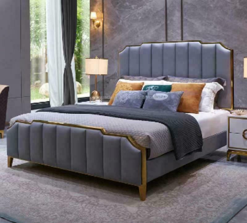 Forged LA Home & Garden > Furniture > Beds & Mattresses > Beds & Bed Frames Luxurious King Size Bed Frame Blue Grey Artificial Leather With Golden Frame