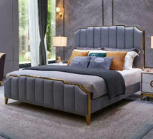 Load image into Gallery viewer, Forged LA Home &amp; Garden &gt; Furniture &gt; Beds &amp; Mattresses &gt; Beds &amp; Bed Frames Luxurious King Size Bed Frame Blue Grey Artificial Leather With Golden Frame