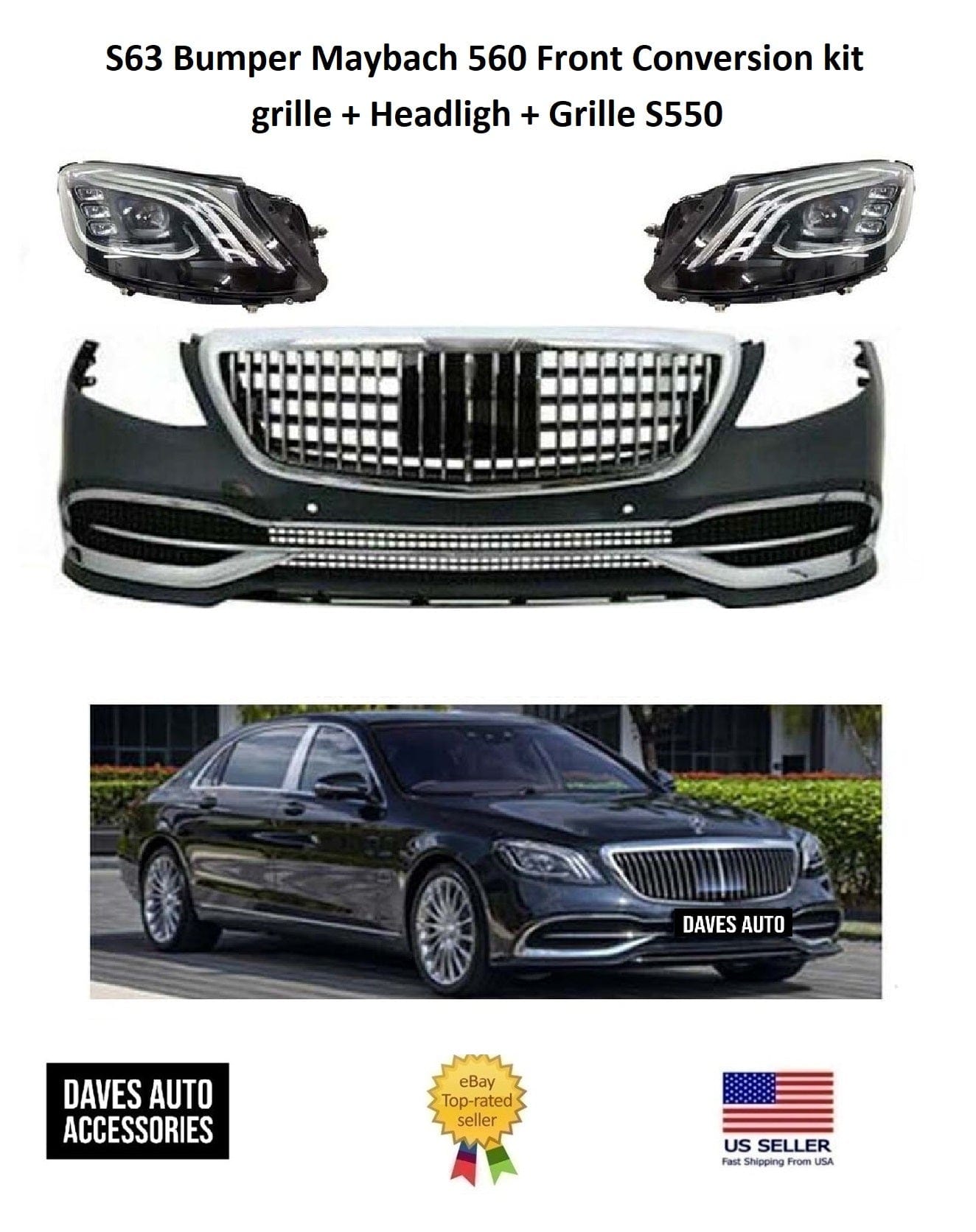 Maybach Conversion Kit S63 Bumper Maybach 560 Front Conversion kit grille + Headligh + Grille ...