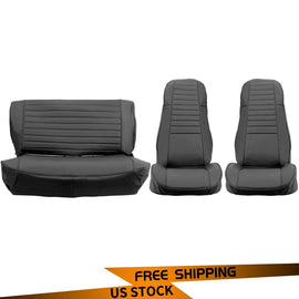 Forged LA VehiclePartsAndAccessories Upgrade Leather- For 1976-1986 Jeep CJ YJ NEW Black Front & Rear Seats Cover SET